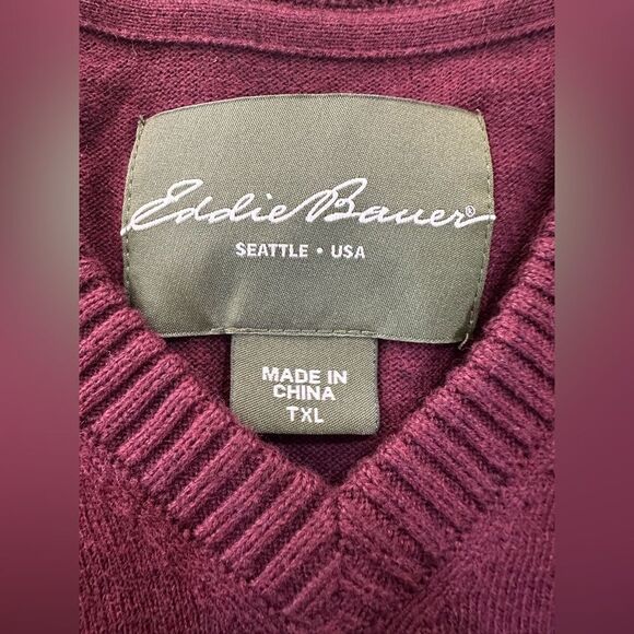 Eddie Bauer Men’s XL TALL Cotton Cashmere V Neck Maroon Long Sleeve Sweater EUC - Picture 3 of 11
